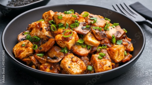 Spicy tofu and vegetable stir-fry served in a black bowl with green onions garnish