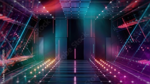 A futuristic digital art background featuring a glowing neon corridor with vibrant pink, blue, and orange lights, creating a sense of depth and movement, perfect for tech and gaming themes.
