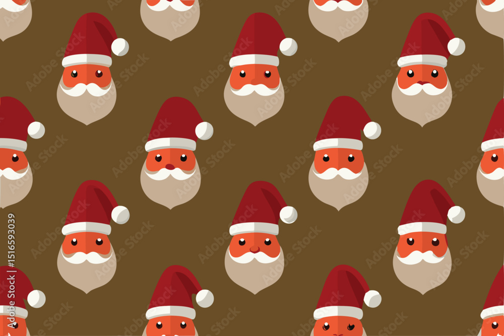 Seamless Pattern of Santa Claus Faces with Red Hats on Brown Background Seamless Pattern of Santa Claus Faces with Red Hats on Brown Background