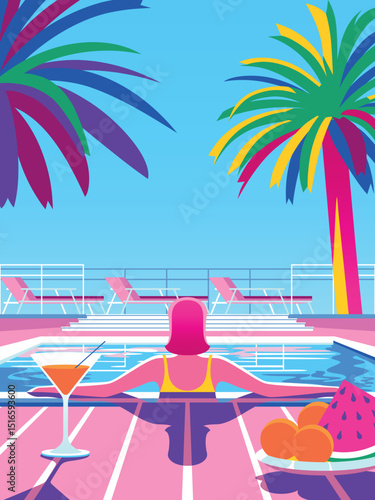 Tropical season summer vacation handmade drawing vector illustration with palms, woman in pool, lounge chairs, cocktail glass and fruits. Traditional patchwork style background illustration.