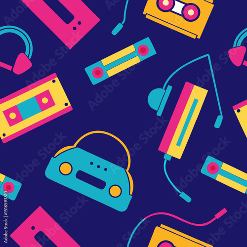 seamless retro cassette pattern   mixtapes  headph
