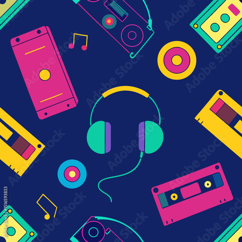 seamless retro cassette pattern   mixtapes  headph.svg