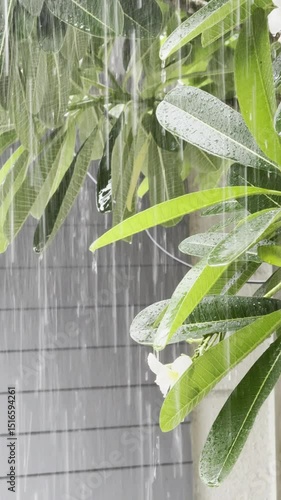 Rain is falling on lush green trees. Good video background for captions and short poems