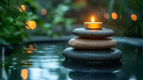 Calm scene with candle and stones in water