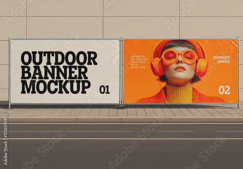 Street Billboard Mockup – Dual Outdoor Banners on Modern Urban Sidewalk with Metal Frame