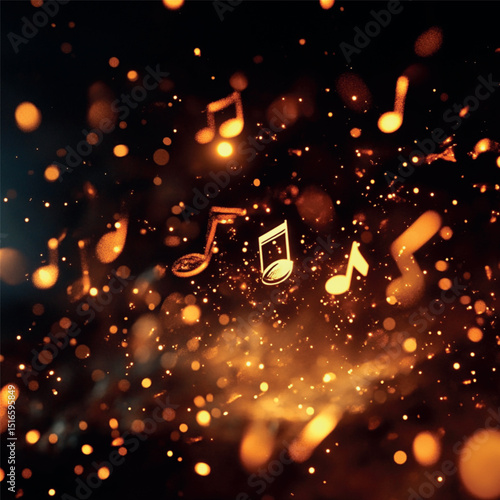 image of colored golden notes in space on a dark background, color graphics
