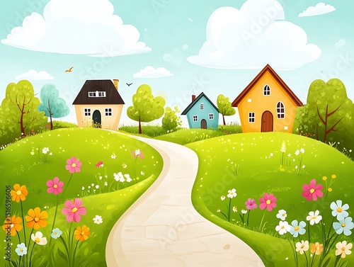 Colorful cartoon village landscape