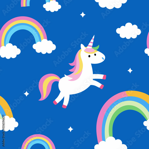 seamless unicorn and rainbow pattern   prancing 