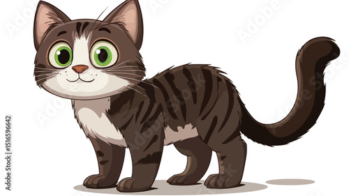 Cute Cartoon Cat with Green Eyes on White Background