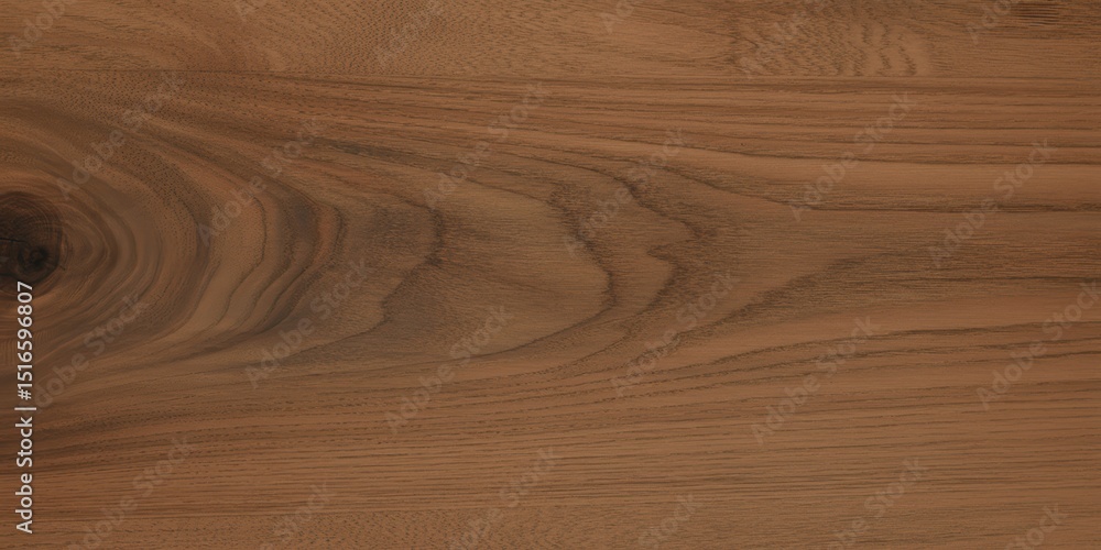 Naklejka premium Smooth polished walnut wood surface showcasing natural grain patterns and warm brown tones. The elegant swirls and linear textures highlight the organic beauty of this premium hardwood material.