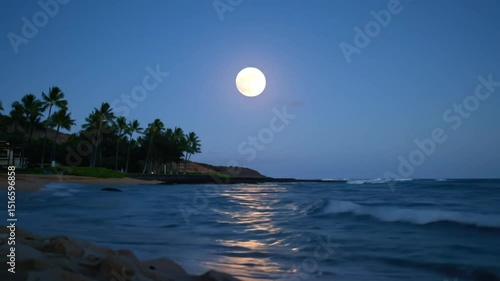 Tropical beach night full moon ocean waves