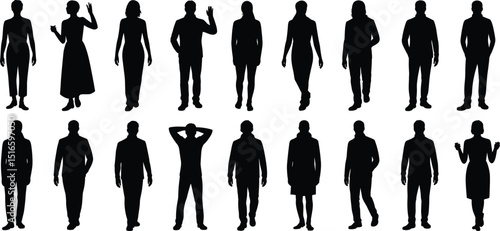 Silhouettes of diverse men and women standing, walking, gesturing, isolated black figures on white background, human shapes, people shadows