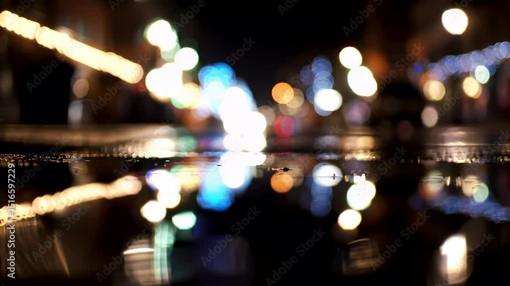 Vibrant City Lights Bokeh Reflected on Wet Urban Street at Night Vibrant City Lights Bokeh Reflected on Wet Urban Street at Night