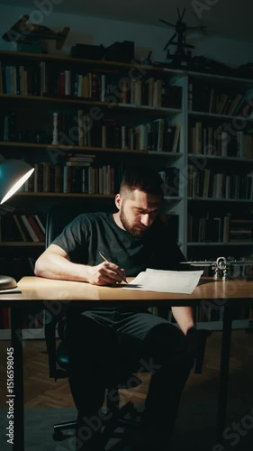 A man is sitting at a desk with a pen and paper