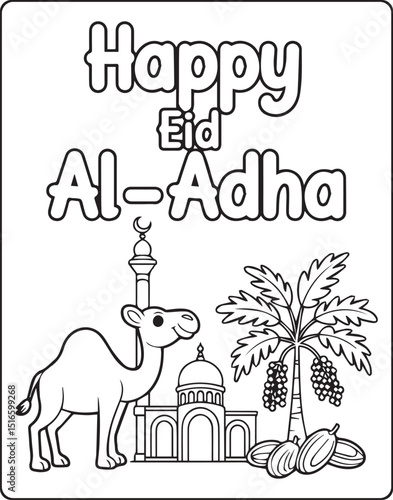 Eid al adha mubarak greeting coloring page for kids with a cute camel, mosque, moon and date tree vector outline