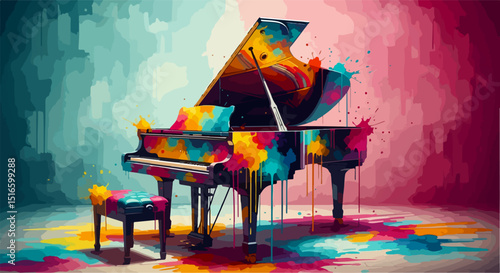 Painterly digital artwork of a grand piano centered against a vibrant, abstract watercolor-style background with bold, blended brushstrokes in warm and cool hues, radiating energy and artistic motion.