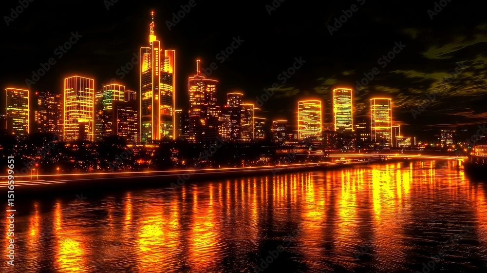 Obraz premium Neon Frankfurt Skyline at Night Digital Painting, Cityscape, Golden Hour, Frankfurt, Germany , cityscape , digital art