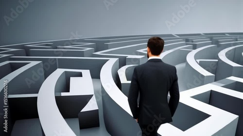 Man in business suit standing before a labyrinth, conceptual challenge and problem solving, path to success, complexity in business.