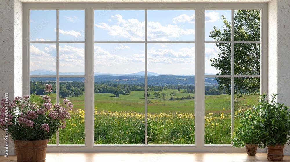 Panoramic Window View Spring Meadow Landscape, Plants, White Frame, 3D Render, nature, scenery, idyllic Panoramic Window View Spring Meadow Landscape, Plants, White Frame, 3D Render, nature, scenery, idyllic