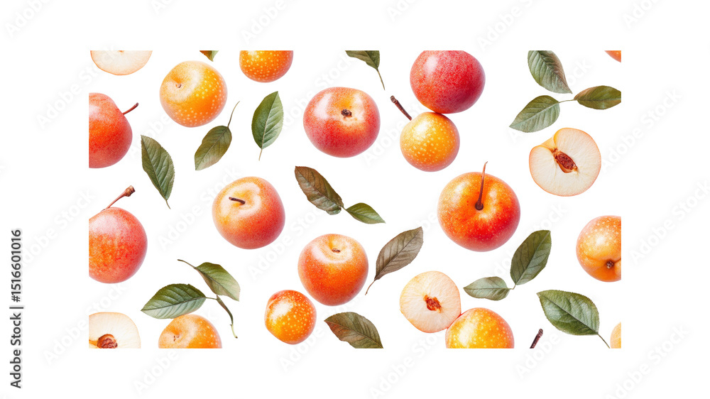 Vibrant Plum Seamless Pattern Juicy Red and Yellow Plums with Leaves on Transparent Background Vibrant Plum Seamless Pattern Juicy Red and Yellow Plums with Leaves on Transparent Background