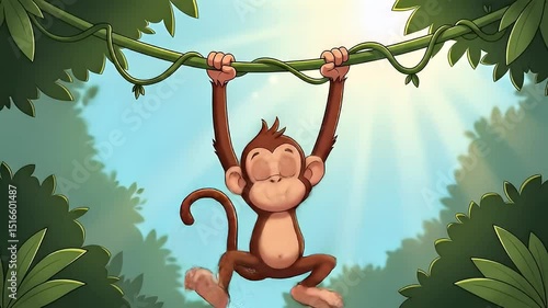 Jungle cartoon monkey swinging with joy
