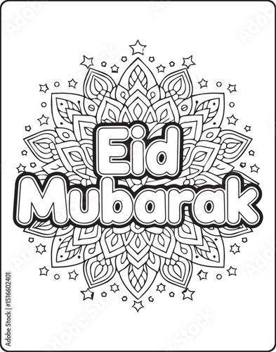 Eid mubarak greeting with floral mandala pattern vector line art illustration coloring page for kids and adults