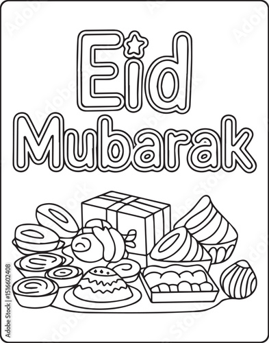 Eid mubarak greeting with gift boxes and sweets vector outline for children coloring page design
