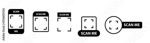 Six black scan me symbols on a white background suitable for digital technology concepts and marketing materials promoting digital interactivity.
