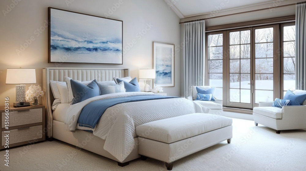 Serene Winter Bedroom Coastal Abstract Art, Upholstered Bed, French Doors, Snowscape View, Beige and Blue Palette,Luxury Interior Design. bedroom design,winter bedroom Serene Winter Bedroom Coastal Abstract Art, Upholstered Bed, French Doors, Snowscape View, Beige and Blue Palette,Luxury Interior Design. bedroom design,winter bedroom