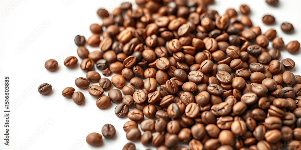 Close-up of roasted coffee beans scattered on pristine white background, coffee shop, template Close-up of roasted coffee beans scattered on pristine white background, coffee shop, template