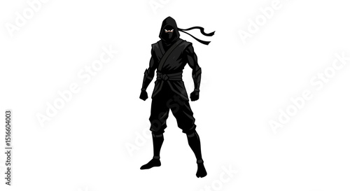 A ninja stands facing forward clad in a black suit hood up on white background