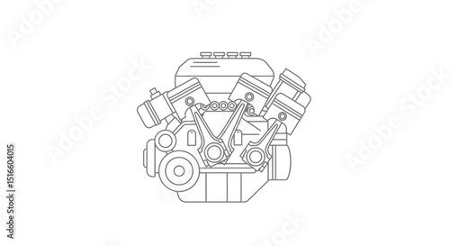 A monochrome line drawing of a Vshaped engine with pistons connecting rods and other engine components