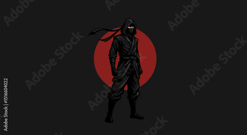 A hooded ninja figure stands against a red circle on a dark background
