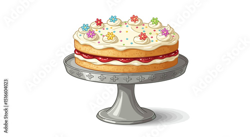 A layer cake on a grey stand topped with white frosting colorful flowers and sprinkles