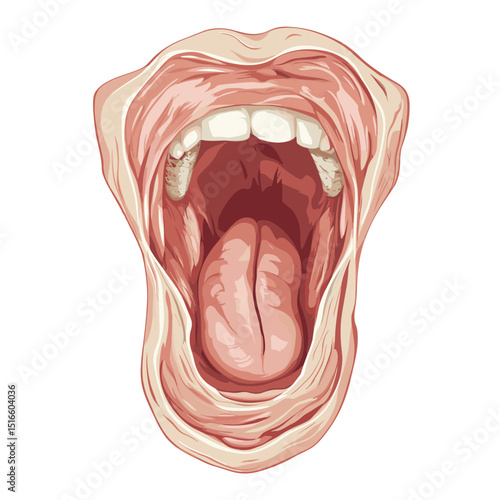 Detailed Illustration of Open Mouth with Visible Tongue and Teeth Showing Anatomy and Structure with Vibrant Color Scheme