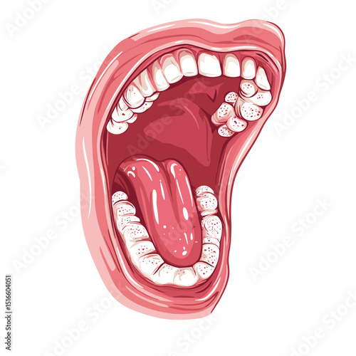 Detailed Illustration of Open Human Mouth Showing Tongue and Teeth with Pink Tones on White Background