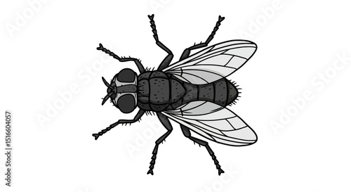 A stylized black and gray fly with six legs and two wings isolated on a white background