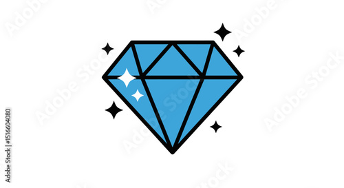 A vibrant blue diamond icon is outlined in black with star sparkles against a white backdrop