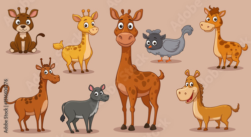 Cartoon animals multiple giraffe variations a bird dog hippopotamus and horse stand against a tan backdrop