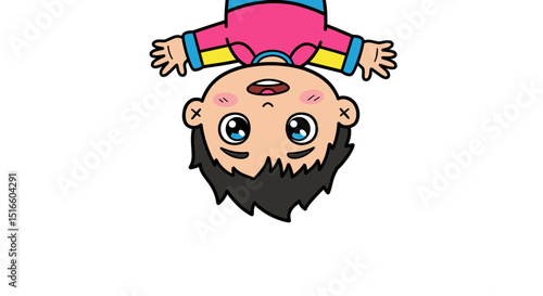 Cartoon boy hanging upside down with large eyes and a pink shirt