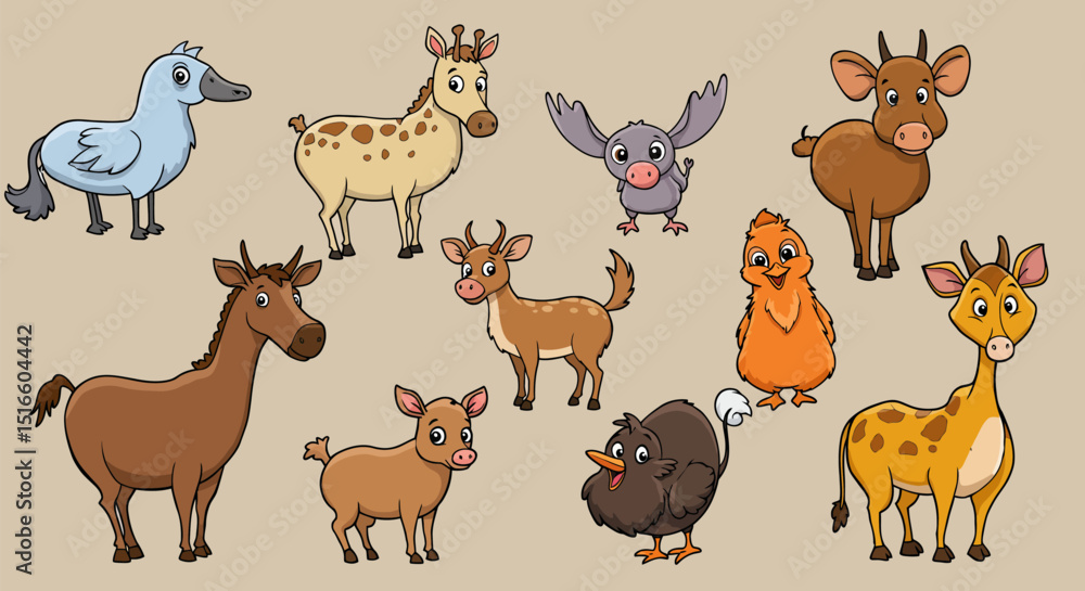 Obraz premium Eleven cartoon animals stand against a beige background They include mammals and birds