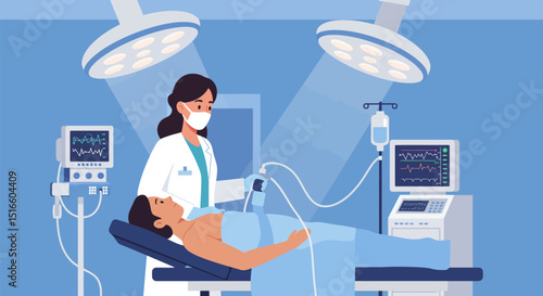 Depicts a masked doctor doing an ultrasound on a patient under operating room lights