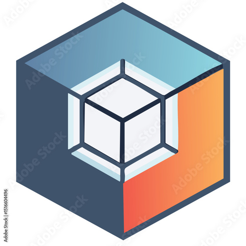 Vector Illustration of Modern Geometric Abstraction Featuring a Large Hollow Cube with Gradient Blue to Orange Shading Encasing a Smaller Solid White Cube in the Center


