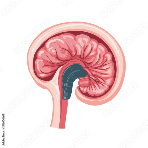 Detailed Pixel Art Illustration of a Human Brain Cross Section with Pink and Grey Color Palette on White Background for Medical Education