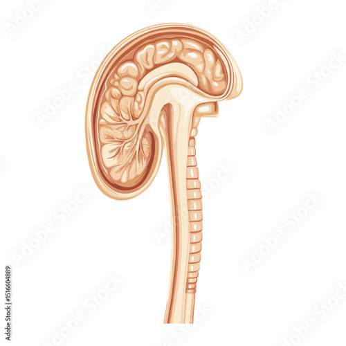 Detailed Vintage Kidney Anatomy Illustration Showing Renal Structures and Ureter on a White Background