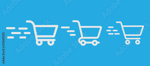 Shopping Cart Icon Set Vector Outline – E-commerce, Online Store, and Retail Trolley Symbols. Blue Background