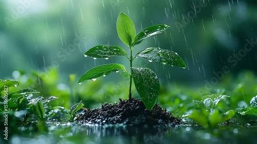 Young sprout in rain