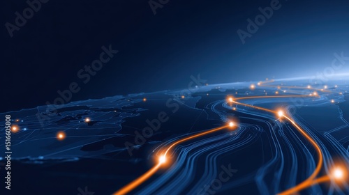 stylized logistics background, navy blue map lines forming abstract routes with glowing orange nodes, clean minimal composition