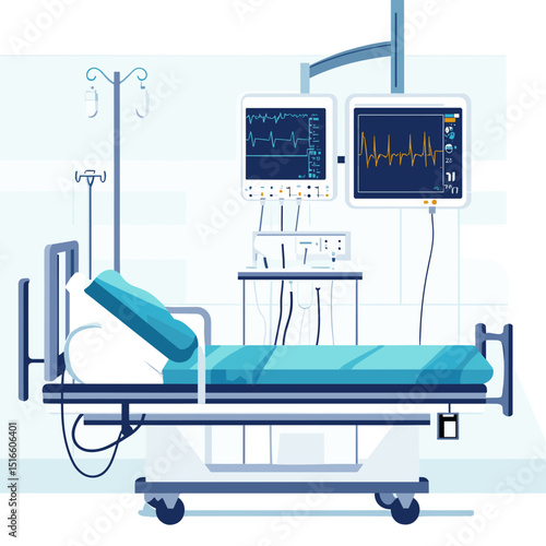 Hospital Bed with Medical Monitor and Support Equipment in Blue and White Tones for Patient Care and Health Checkup at Clinic