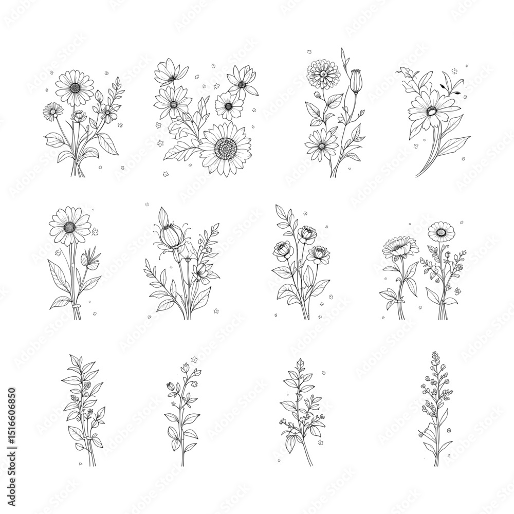 Fototapeta premium Set of floral skull vector illustrations combining skeletons with decorative flowers